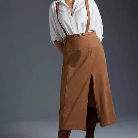 Anthropologie 26W NWT Faux Suede Pinafore Skirt Suspenders Overalls Cedar Brown